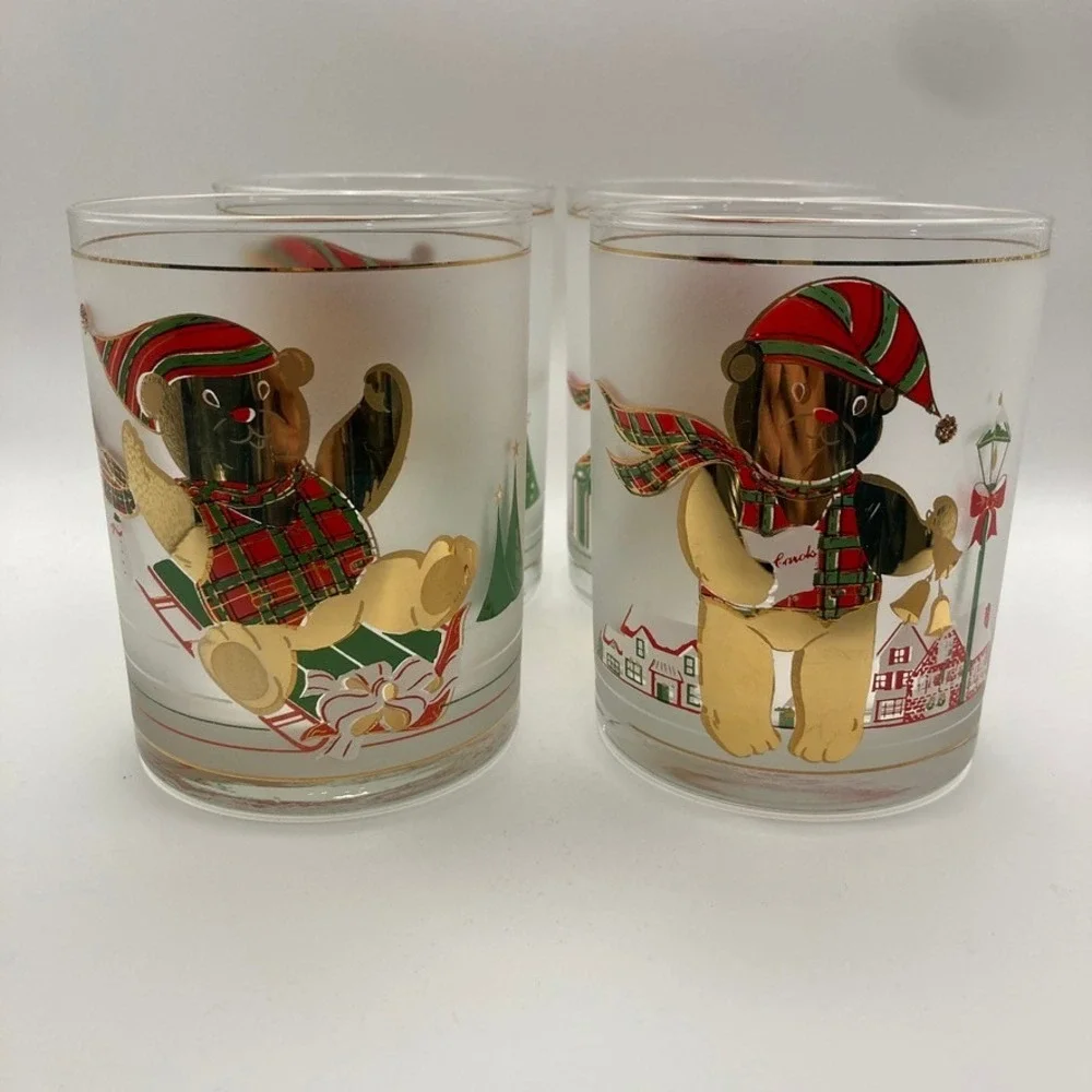 Vtg Culver Frosted Yule Bear Old Fashioned Glass Set of 4 22K Gold USA